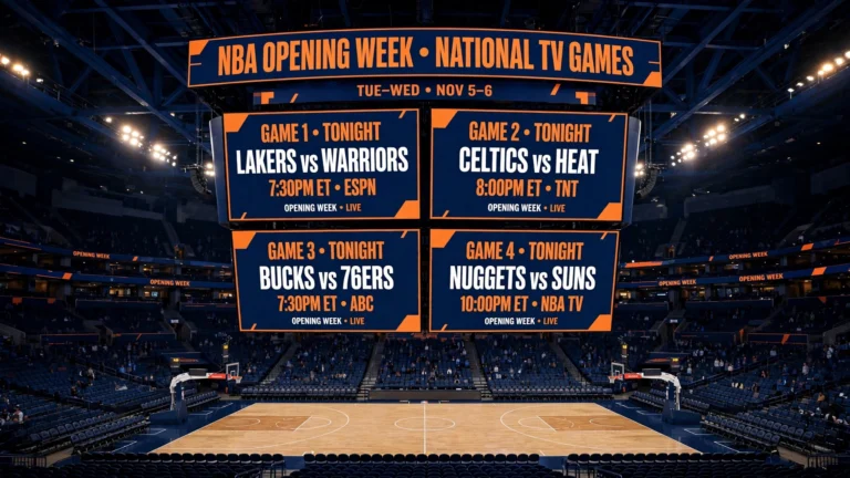 Basketball arena under bright lights during NBA opening week, with navy and orange broadcast graphics for the Oct 20-23 national TV games