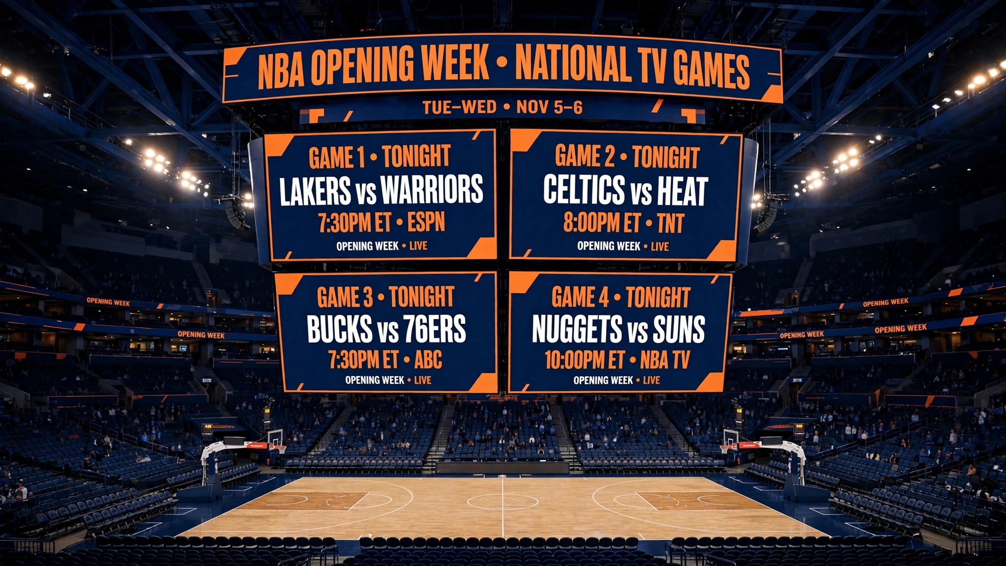 Basketball arena under bright lights during NBA opening week, with navy and orange broadcast graphics for the Oct 20-23 national TV games