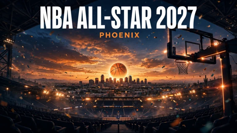 NBA All-Star 2027 weekend in Phoenix, arena under a desert sunset with the headline text