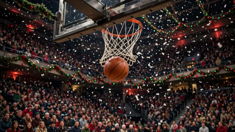 Basketball dropping through a hoop in a packed arena with red and green Christmas lights