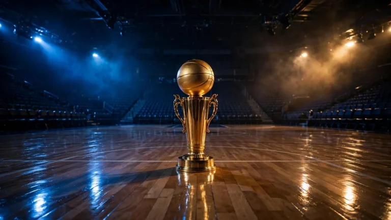 Golden basketball championship trophy standing on a court at night in a dark arena
