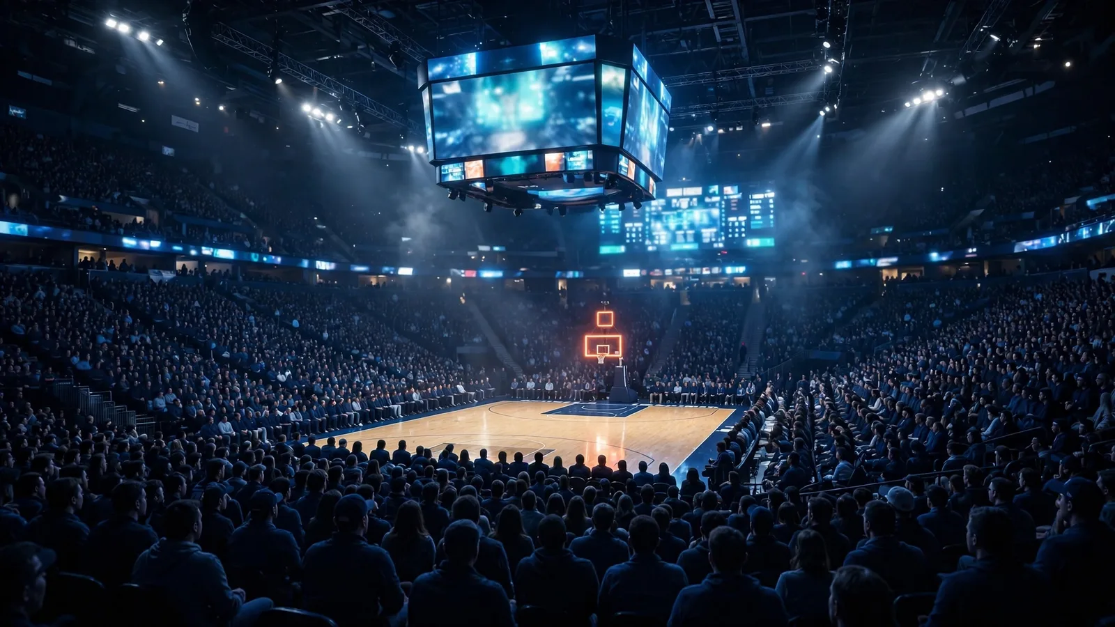Packed professional basketball arena at night, court lit under spotlights and the scoreboard glowing above the crowd before an NBA game