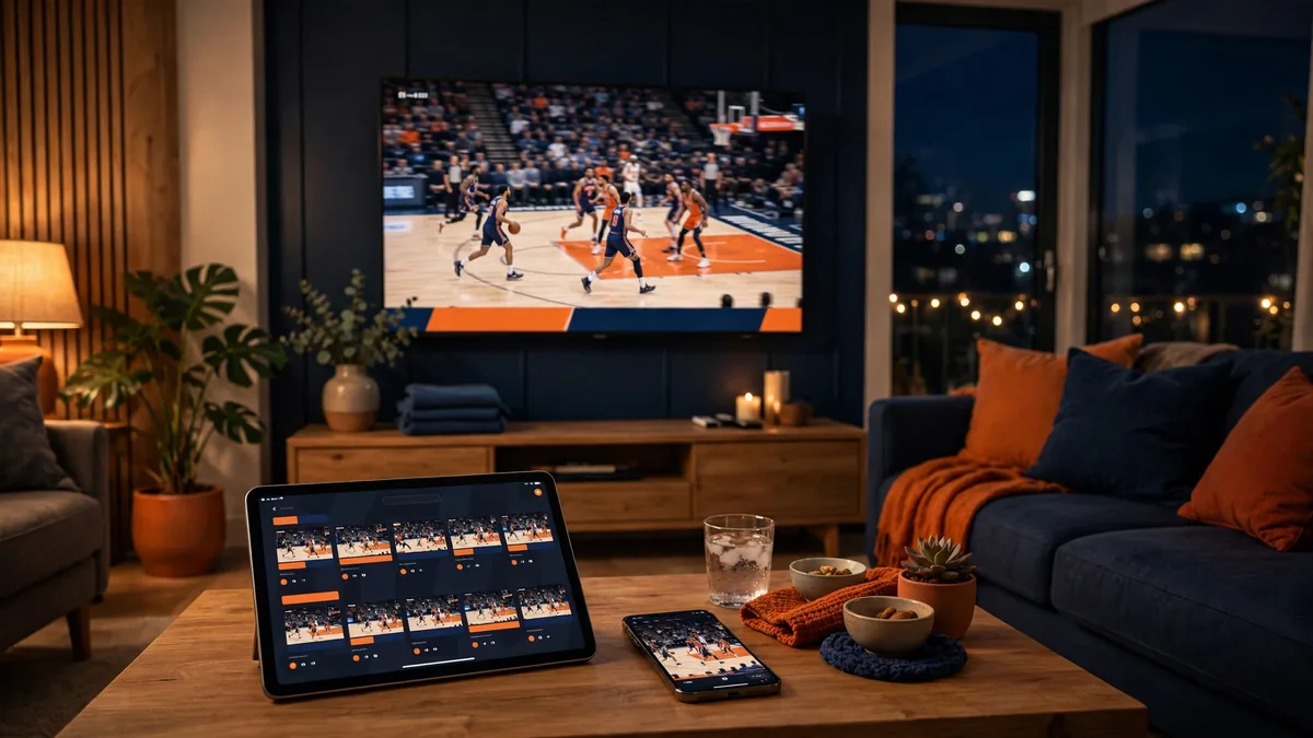Living room TV, tablet and phone showing live out-of-market NBA basketball games streaming at night