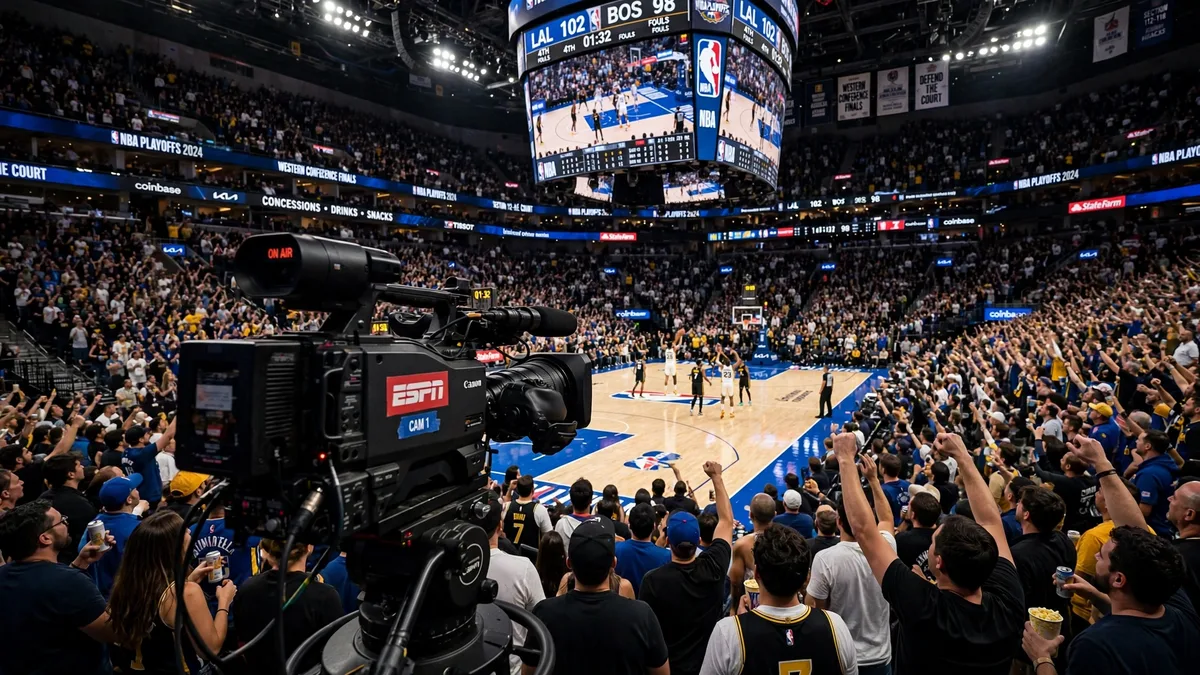 Broadcast TV camera filming a live NBA game inside a packed arena at night