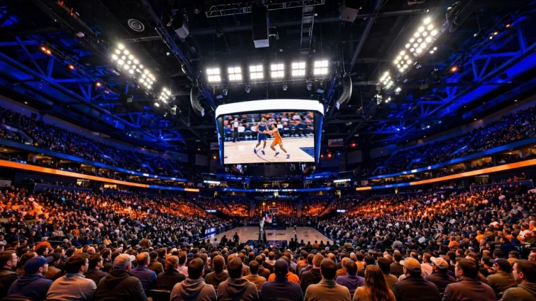 Basketball arena at night under bright broadcast lights with a large TV screen showing a live game