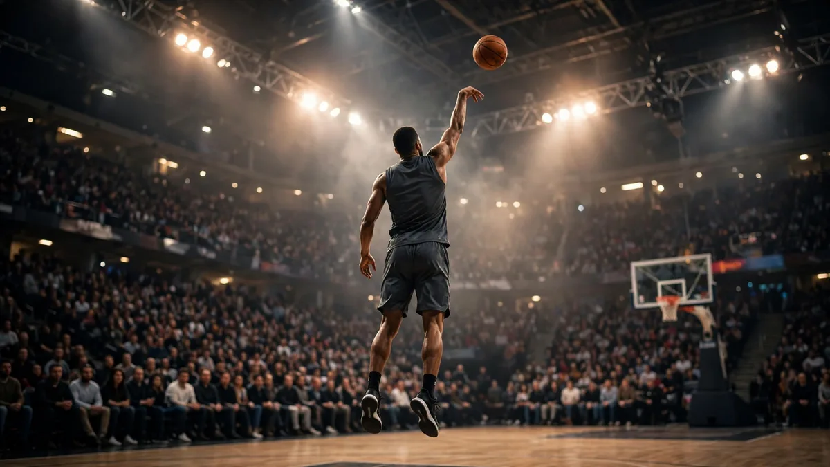 Basketball player in mid-air taking a jump shot under arena spotlights during an NBA game