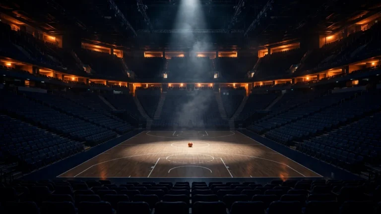 Basketball arena at night with a spotlight on center court, ahead of the 2027 NBA Play-In Tournament