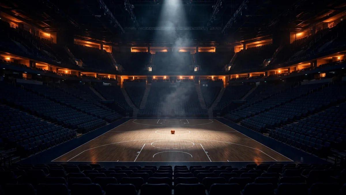 Basketball arena at night with a spotlight on center court, ahead of the 2027 NBA Play-In Tournament