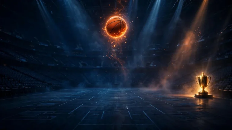 Glowing basketball rising over a dark blue arena with a golden championship trophy, illustrating the 2027 NBA playoffs