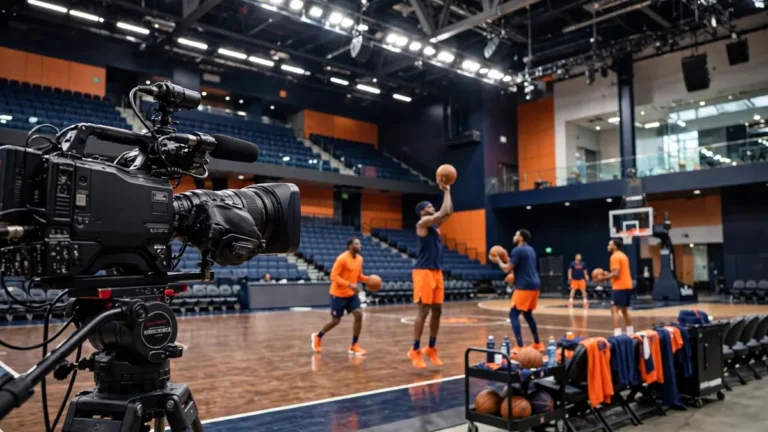 Basketball players warming up in a bright NBA arena in front of a broadcast camera during preseason