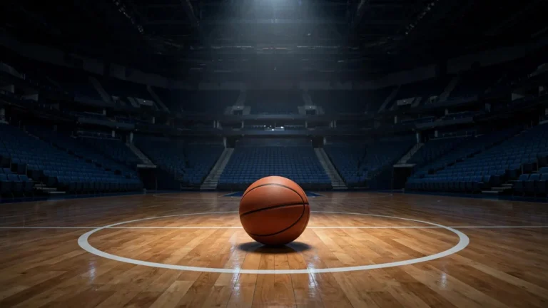 Basketball resting on the centre circle of a court under a single spotlight in an empty arena at night