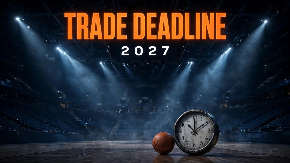 Trade Deadline 2027 arena graphic: a basketball beside a countdown clock under arena spotlights