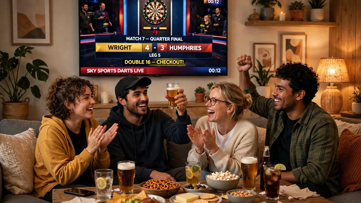 Friends celebrating at home while watching a live darts match on a big TV