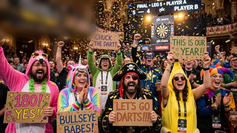 Darts fans in colourful fancy dress cheering with handmade signs and confetti at the World Darts Championship