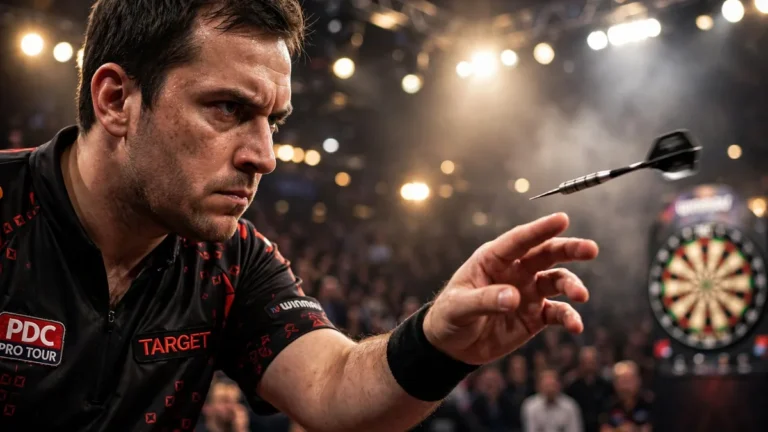 Darts player in mid throw on stage, his dart in flight towards the board at the World Darts Championship