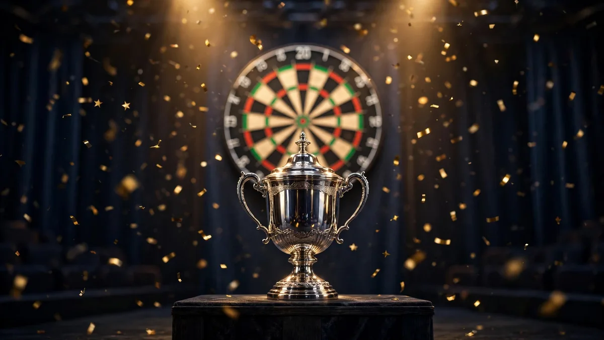 Silver darts championship trophy on a stage with gold confetti and a dartboard behind it